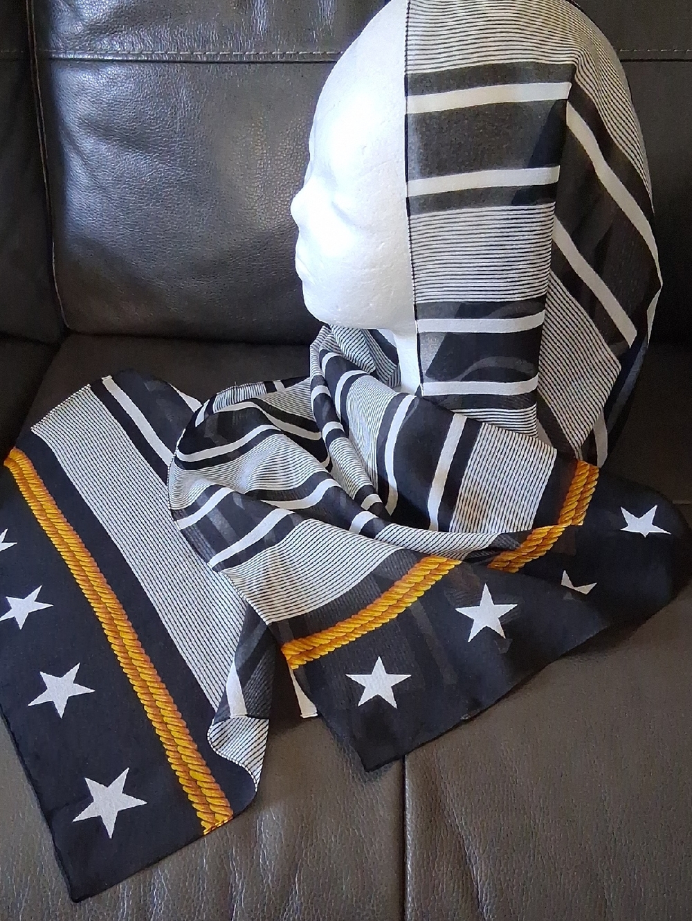 Striped & Star Print Scarf with Rope Accent - Black, White, Gold